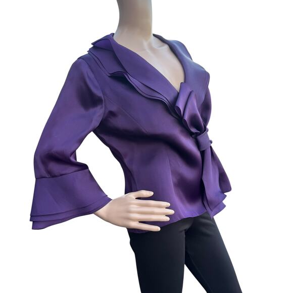 Frascara 8 Purple Silk Wrap Blouse Ruffle V-Neck Bell Sleeve Bow Tie NWOT - Picture 2 of 7